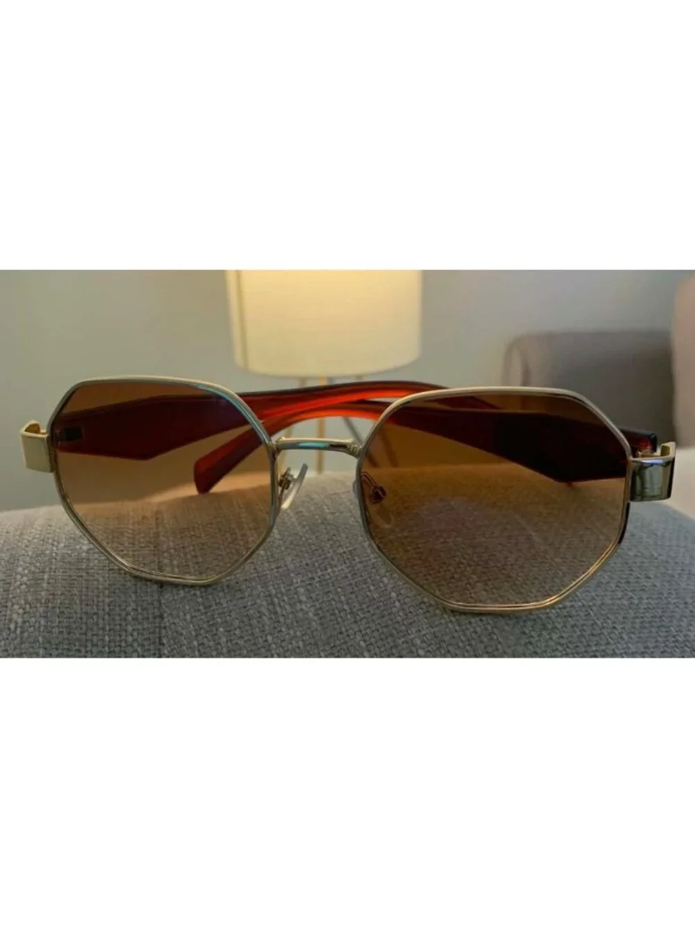 Unisex Vintage Style Octagonal Gold Frame Sunglasses W/ Gradient Tea Brown Lense